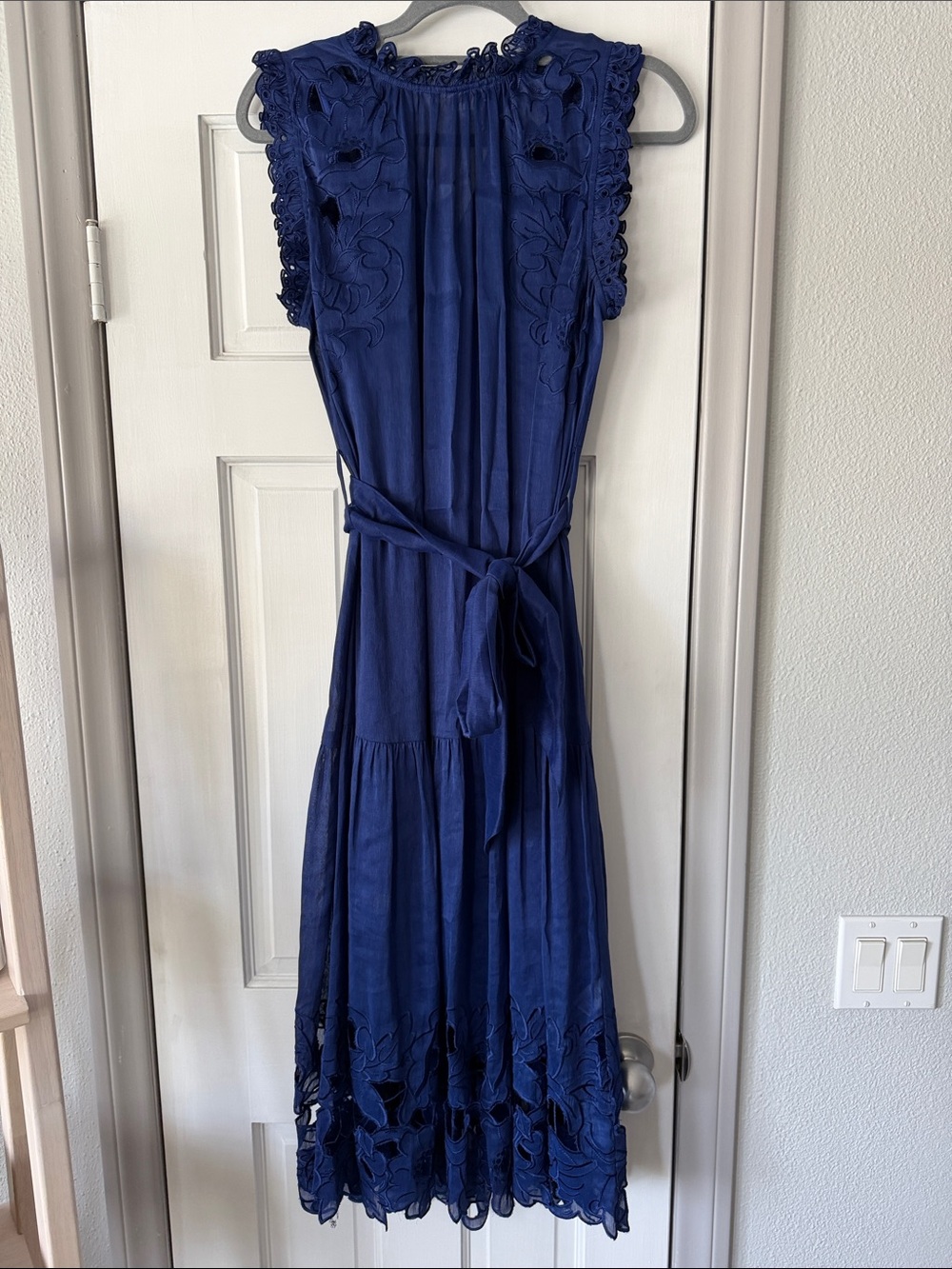 Christy Lynn Blue Sleeveless Midi Dress with Embroidered Hem